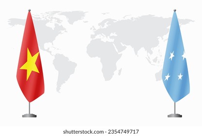 Vietnam and Micronesia flags for official meeting against background of world map.