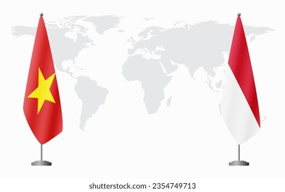 Vietnam and Monaco flags for official meeting against background of world map.