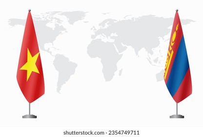 Vietnam and Mongolia flags for official meeting against background of world map.