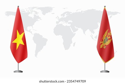 Vietnam and Montenegro flags for official meeting against background of world map.