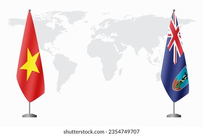 Vietnam and Montserrat flags for official meeting against background of world map.