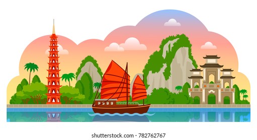 Vietnam. Morning panoramic view. Tran Quoc Pagoda, junk boat, mountains, Halong Bay. Vector flat illustration with different attractions for flyer, magazines, posters, book cover, banners, guide book.