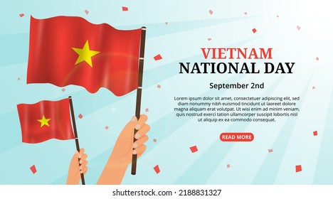 Vietnam national day background with a hand holding waving flag