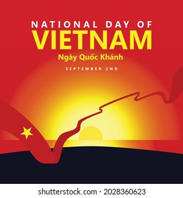 Vietnam national day celebration with a words said "Ngay Quoc Khanh" translated as "National Day", a long flag, and the sunset scenery. Southeast Asian country public holiday.