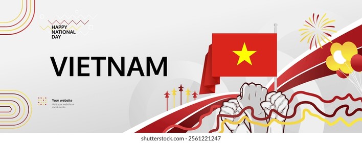 Vietnam National Day greeting banner. September 2nd is celebrated as Vietnam Independence Day. Abstract template with flag and raised fist. National holiday illustration concept.