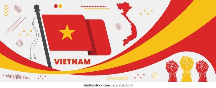 Vietnam National day or Independence day for Vietnamese celebration. Modern corporate web banner design. Vietnam Flag and map with raised fists.