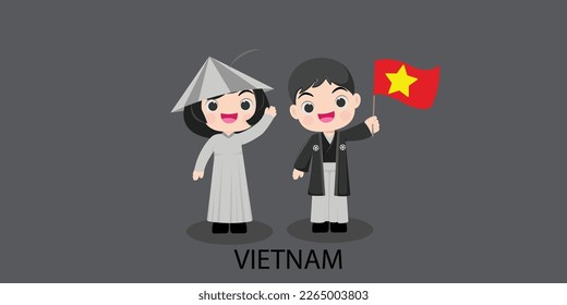 vietnam in national dress. Man and woman in traditional costume. Travel to Peru. People. Vector flat illustration.