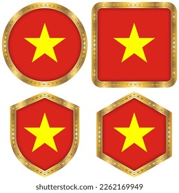 Vietnam National Flag Collection Set of Circular, Square, Shield, Hexagon Gold Border Logo Button Icon Vector Design Isolated on White Background