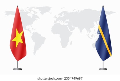 Vietnam and Nauru flags for official meeting against background of world map.