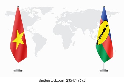 Vietnam and New Caledonia flags for official meeting against background of world map.