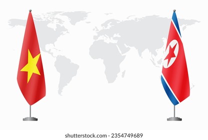 Vietnam and North Korea flags for official meeting against background of world map.