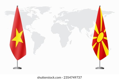 Vietnam and Northern Macedonia flags for official meeting against background of world map.