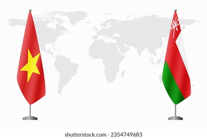 Vietnam and Oman flags for official meeting against background of world map.