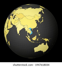 Vietnam on dark globe with yellow world map. Country highlighted with blue color. Satellite world projection centered to Vietnam. Neat vector illustration.