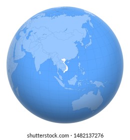 Vietnam on the globe. Earth centered at the location of the Socialist Republic of Vietnam. Map of Vietnam. Includes layer with capital cities.