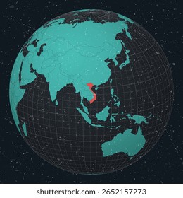 Vietnam on Globe. Vintage look with grunge scratched texture. Country view on world map in Dark Charcoal Turquoise color palette. Vietnam shape on map. Globe with meridians and parallels.
