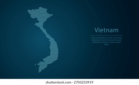 Mapa de contorno de Vietnam lleno de círculos concéntricos sobre fondo degradado oscuro