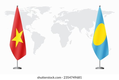 Vietnam and Palau flags for official meeting against background of world map.