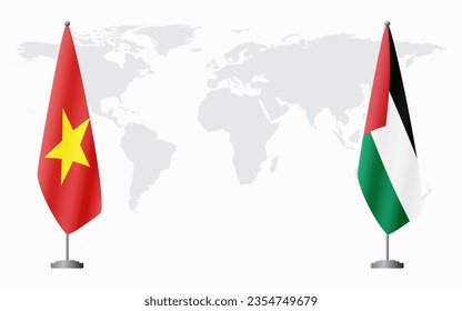 Vietnam and Palestine flags for official meeting against background of world map.