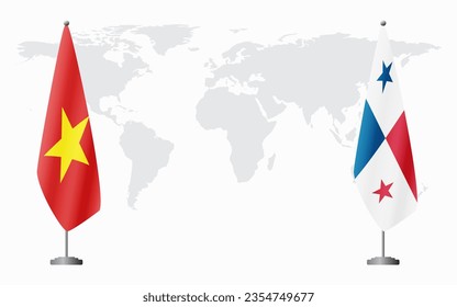 Vietnam and Panama flags for official meeting against background of world map.