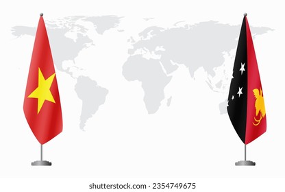 Vietnam and Papua New Guinea flags for official meeting against background of world map.