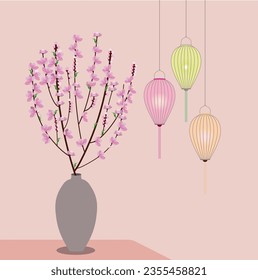 Vietnam peach blossoms bloom in spring. Lantern. New Year greeting cards. Print, cover book, calendar, template, layout... simple, gentle and traditional