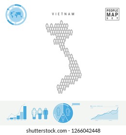 Vietnam People Icon Map. People Crowd in the Shape of a Map of Vietnam. Stylized Silhouette of Vietnam. Population Growth and Aging Infographic Elements. Vector Illustration Isolated on White.