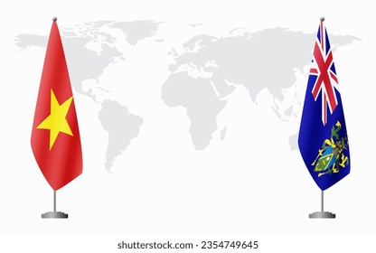 Vietnam and Pitcairn Islands flags for official meeting against background of world map.