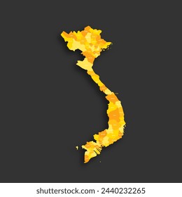 Vietnam political map of administrative divisions - provinces and municipalities. Yellow shade flat vector map with name labels and dropped shadow isolated on dark grey background.