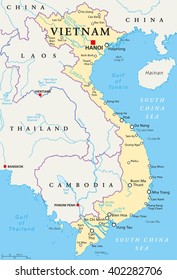 Vietnam political map with capital Hanoi, national borders, important cities, rivers and lakes. English labeling and scaling. Illustration.