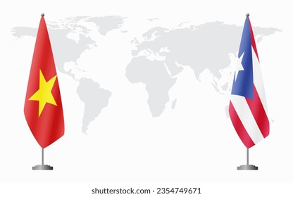 Vietnam and Puerto Rico flags for official meeting against background of world map.