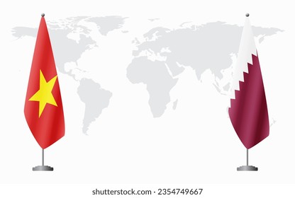 Vietnam and Qatar flags for official meeting against background of world map.