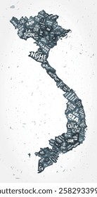 Vietnam regions word clouds. Country shape on textured background. Vietnam design in typographic style. Artistic vector illustration.