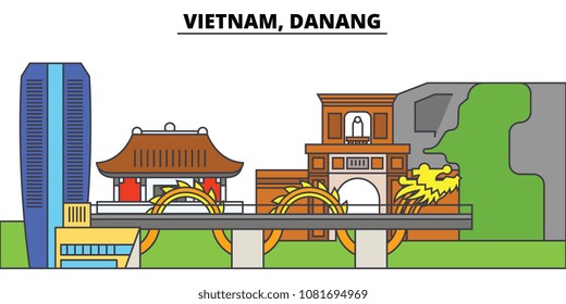 Vietnam, Reno, Danang. City skyline, architecture, buildings, streets, silhouette, landscape, panorama, landmarks. Editable strokes. Flat design line vector illustration concept. Isolated icons