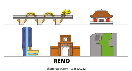 Vietnam, Reno, Danang flat landmarks vector illustration. Vietnam, Reno, Danang line city with famous travel sights, skyline, design. 