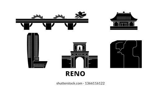 Vietnam, Reno, Danang flat travel skyline set. Vietnam, Reno, Danang black city vector illustration, symbol, travel sights, landmarks.