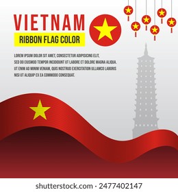 Vietnam ribbon flag with Bai Dinh Pagoda silhouette and decoration