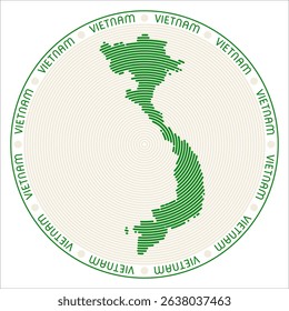 Vietnam round logo design. Country shape build of rings. Vietnam text around the country. Vector Illustration.