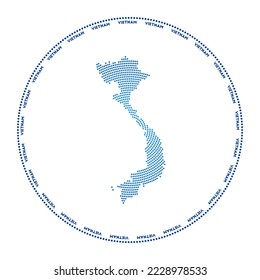 Vietnam round logo. Digital style shape of Vietnam in dotted circle with country name. Tech icon of the country with gradiented dots. Stylish vector illustration.