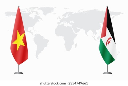 Vietnam and Sahrawi Arab Democratic Republic flags for official meeting against background of world map.