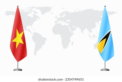 Vietnam and Saint Lucia flags for official meeting against background of world map.