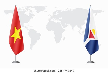 Vietnam and Saint Martin flags for official meeting against background of world map.