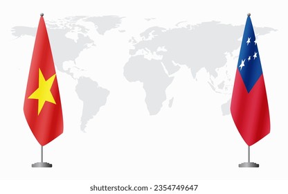 Vietnam and Samoa flags for official meeting against background of world map.