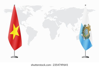 Vietnam and San Marino flags for official meeting against background of world map.