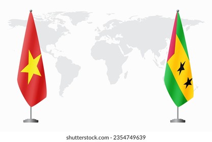 Vietnam and Sao Tome and Principe flags for official meeting against background of world map.