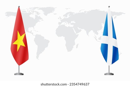 Vietnam and Scotland flags for official meeting against background of world map.