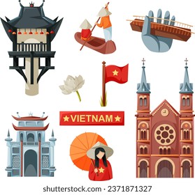 Vietnam set cartoon, symbols of Vietnam