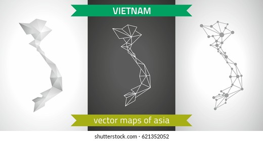 Vietnam set of grey and silver mosaic 3d polygonal maps. Graphic vector triangle geometry outline shadow perspective maps