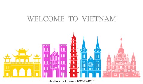Vietnam set. Isolated Vietnam architecture on white background