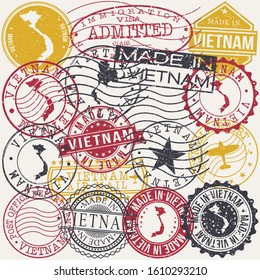 Vietnam Set of Stamps. Travel Passport Stamp. Made In Product. Design Seals Old Style Insignia. Icon Clip Art Vector.